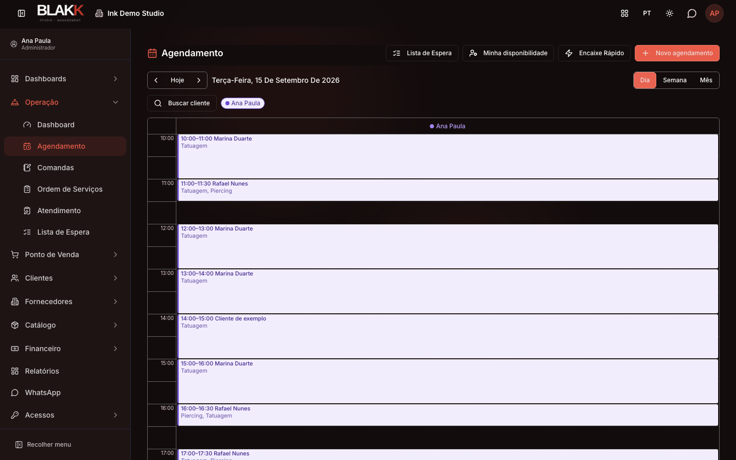 Agenda em visão de dia, com os horários do profissional selecionado