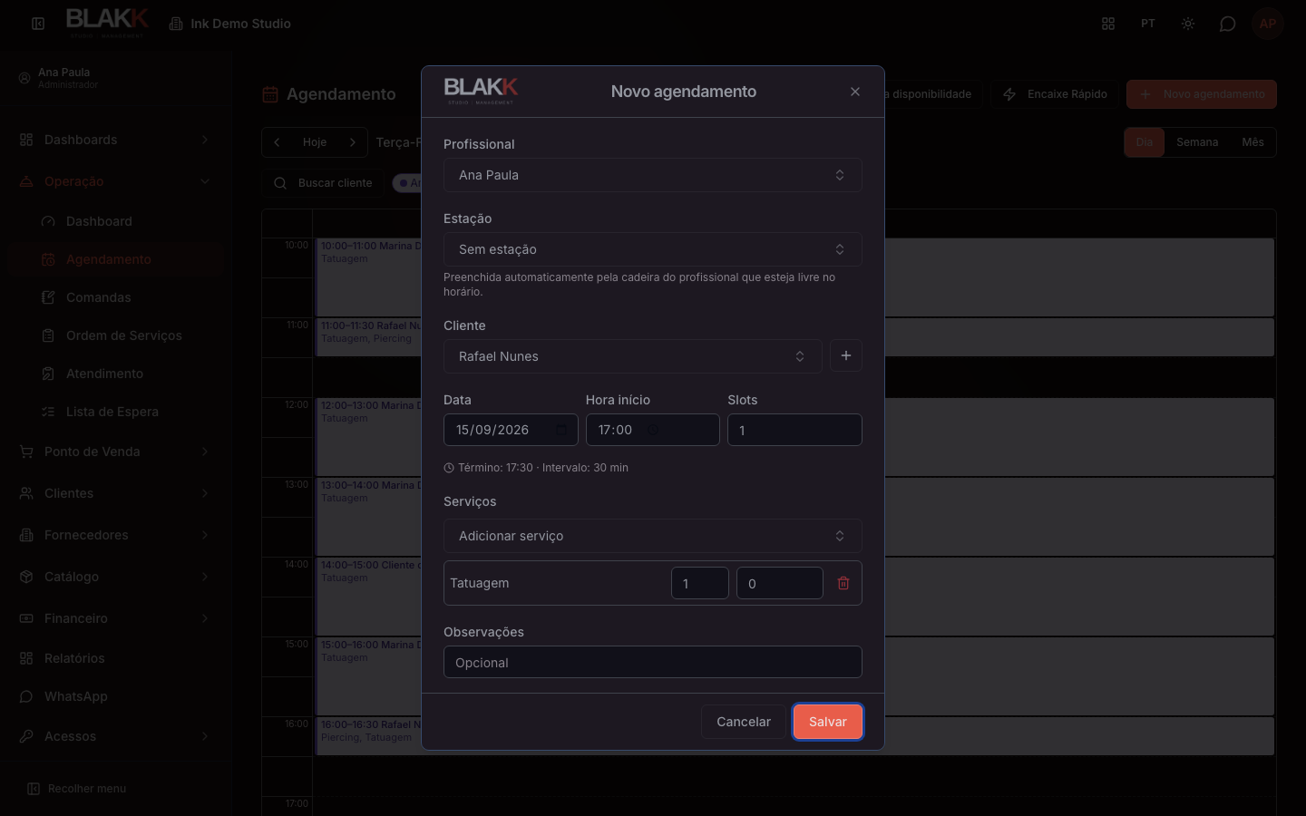 Diálogo de novo agendamento com profissional, cliente, data e hora preenchidos