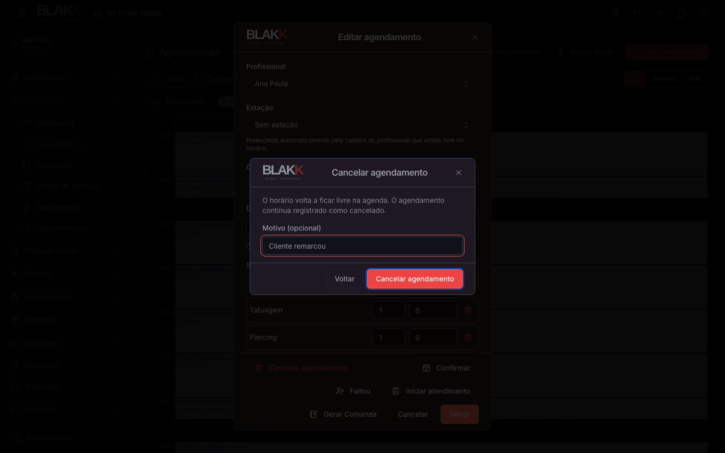 Diálogo de confirmação de cancelamento do agendamento, com o motivo preenchido