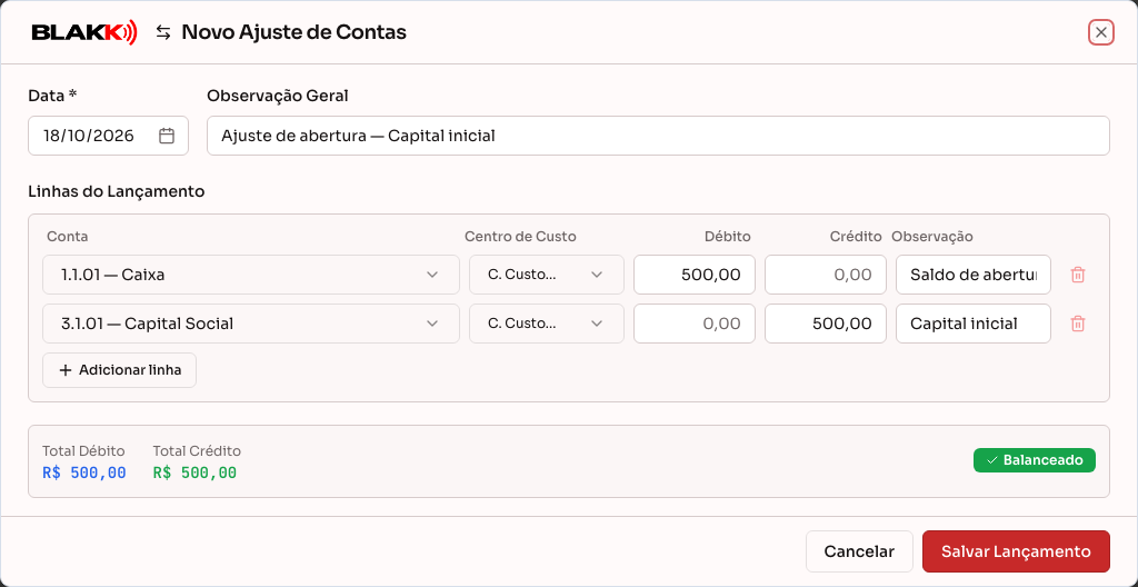 Novo ajuste pré-preenchido a partir de um lançamento existente