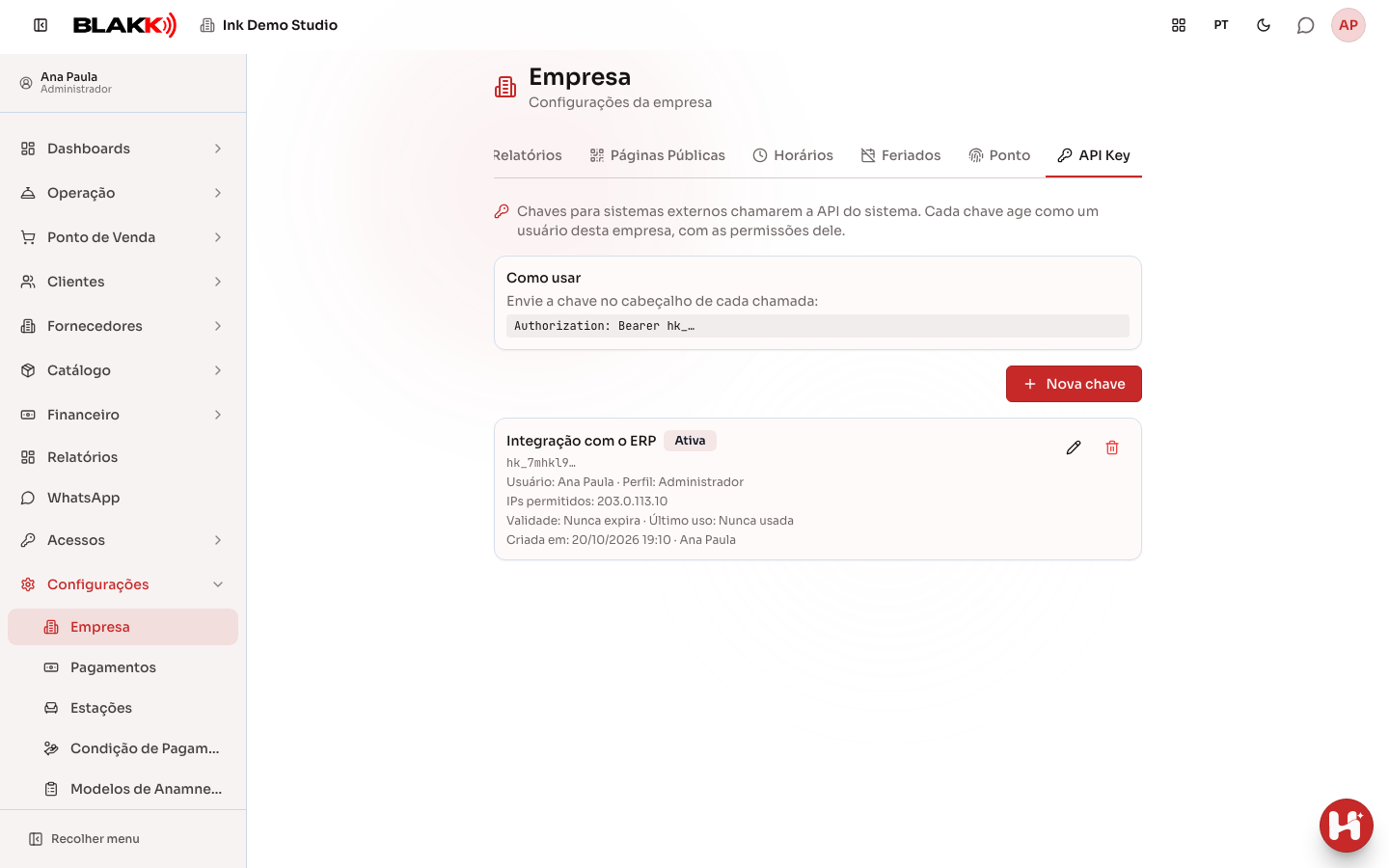 Aba API Key com a lista de chaves