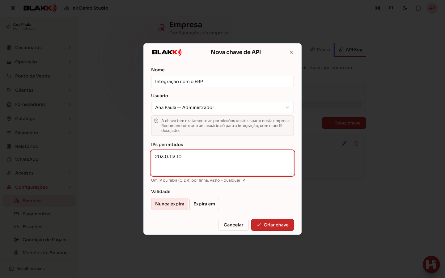 Formulário de nova chave de API preenchido