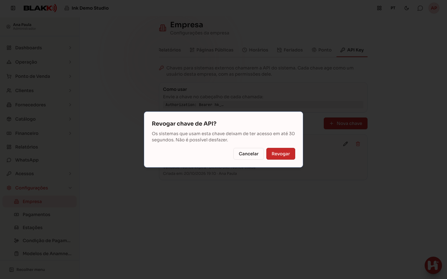 Confirmação para revogar uma chave de API