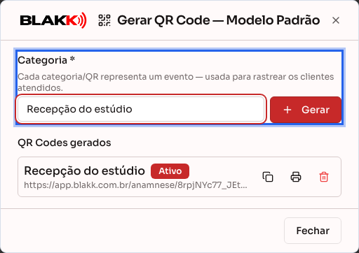 Janela Gerar QR Code do modelo, com a categoria digitada