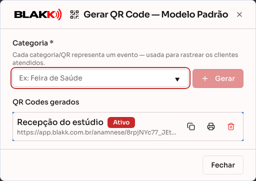 Link gerado na lista de QR Codes, com os botões de copiar e imprimir