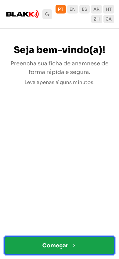 Página de boas-vindas da ficha aberta no celular, com o botão Começar
