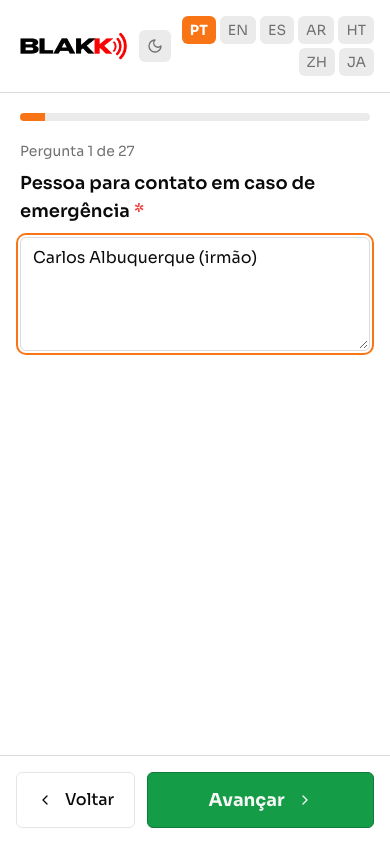 Uma pergunta da anamnese na tela do celular, respondida