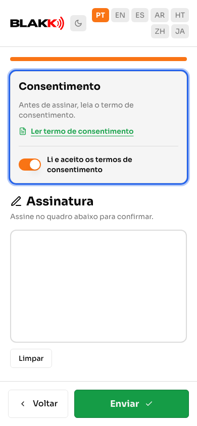 Bloco Consentimento com o link do termo e o aceite marcado