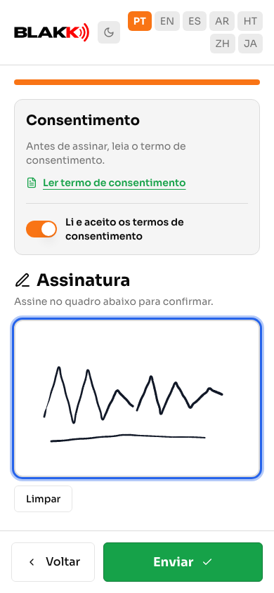 Assinatura desenhada no quadro, com o botão Limpar