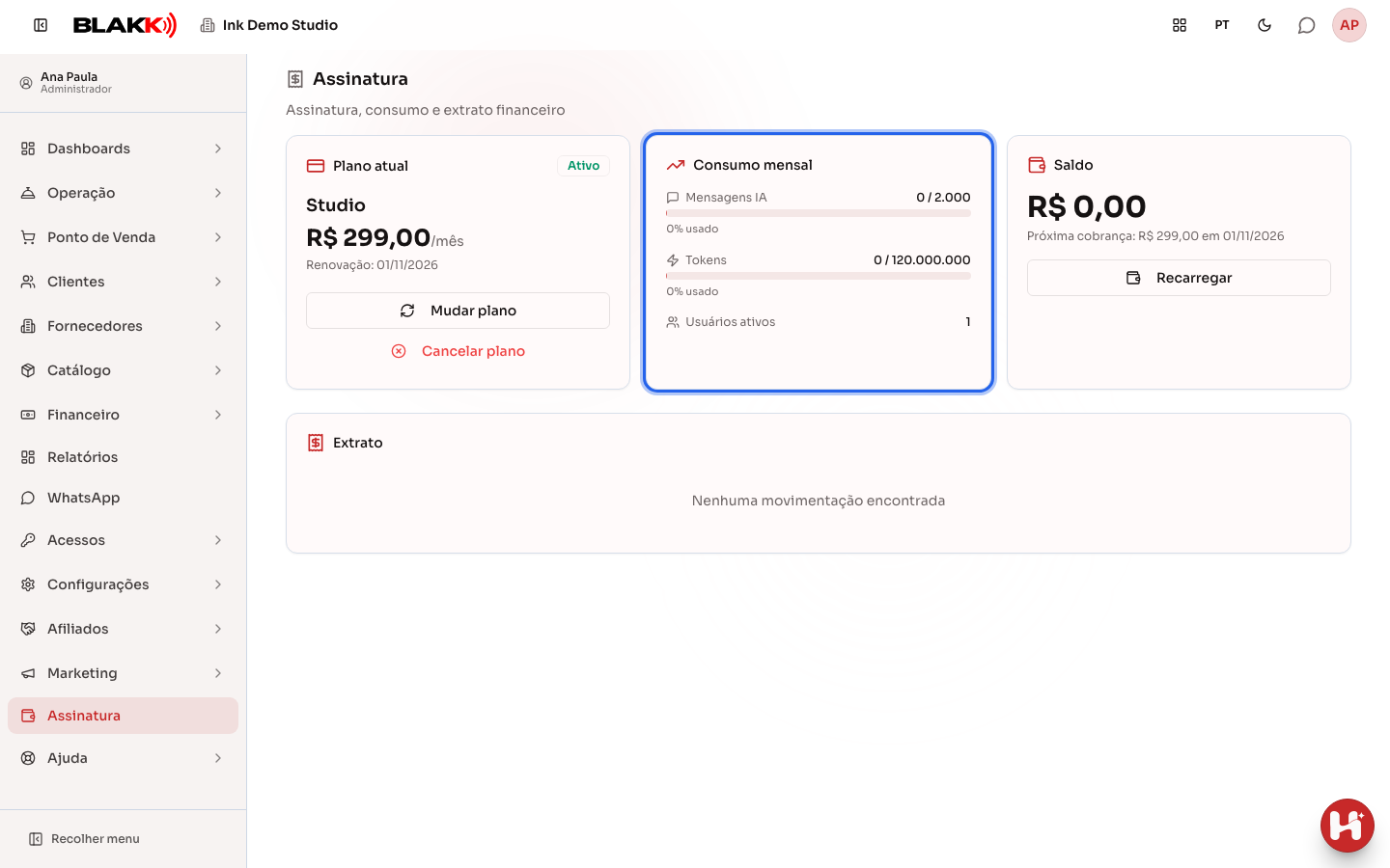 Tela Assinatura com o cartão Consumo mensal destacado: mensagens de IA, tokens e usuários ativos