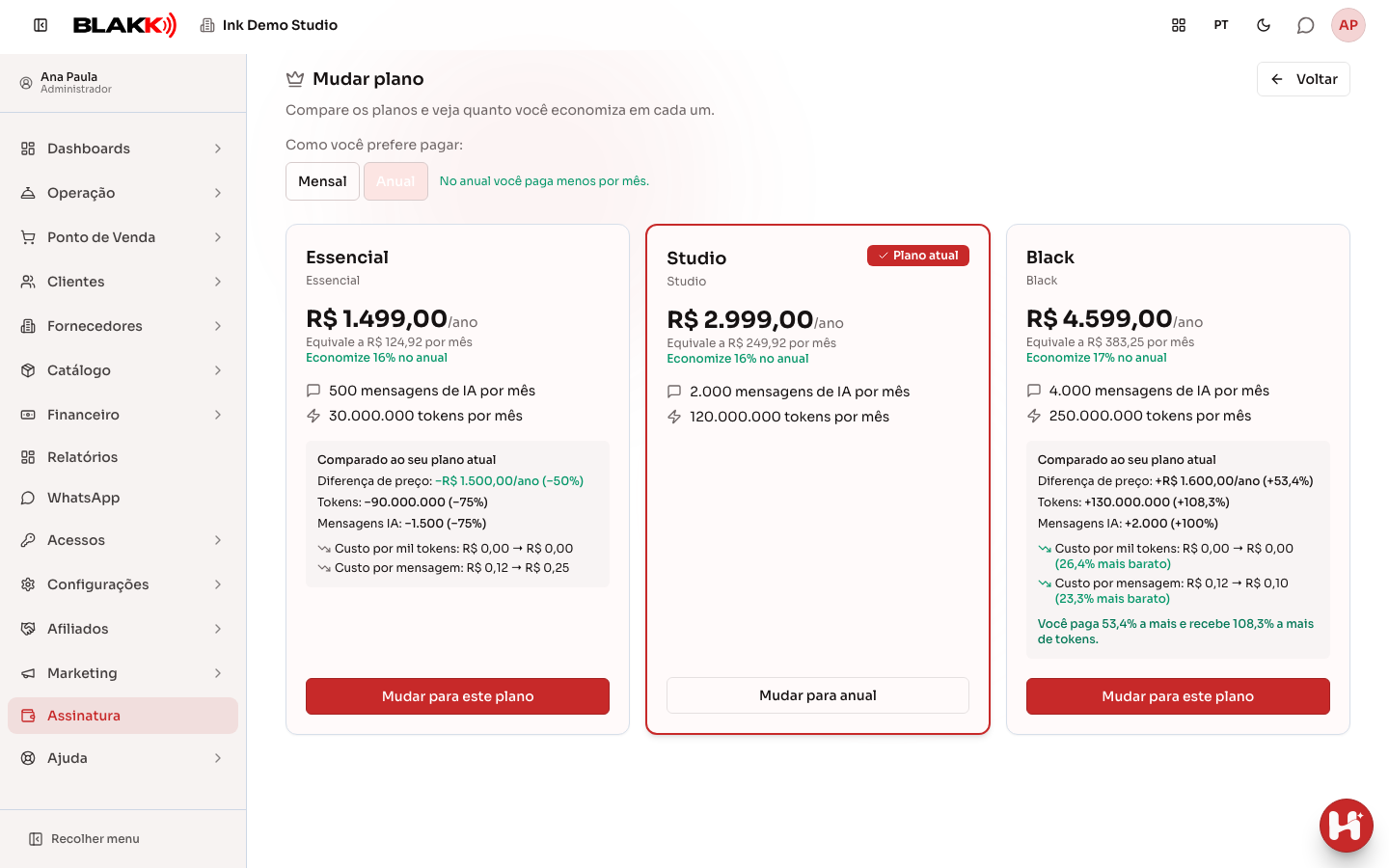 Tela Mudar plano no ciclo Anual, com o plano atual destacado, o preço do ano, quanto dá por mês e o desconto