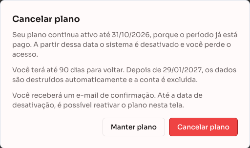 Aviso de cancelamento com a data até quando o plano continua ativo e o prazo de 90 dias para voltar