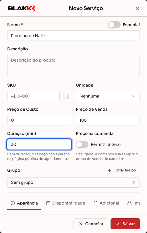 Cadastro de um novo serviço, com nome, preço e duração preenchidos