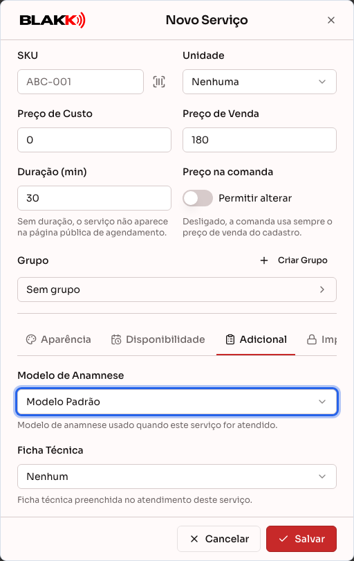 Aba Adicional, com o modelo de anamnese vinculado ao serviço