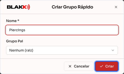 Diálogo de criar grupo rápido, com o nome preenchido