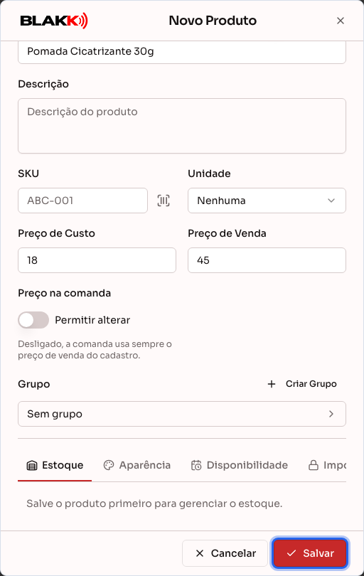 Cadastro de um novo produto, com a aba Estoque pedindo para salvar primeiro