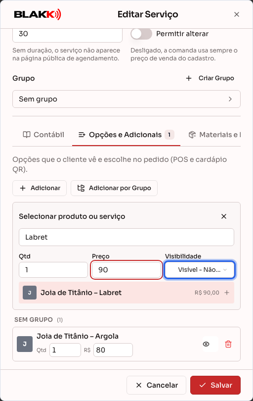 Aba Opções e Adicionais, com uma joia já vinculada e o seletor aberto para incluir outra