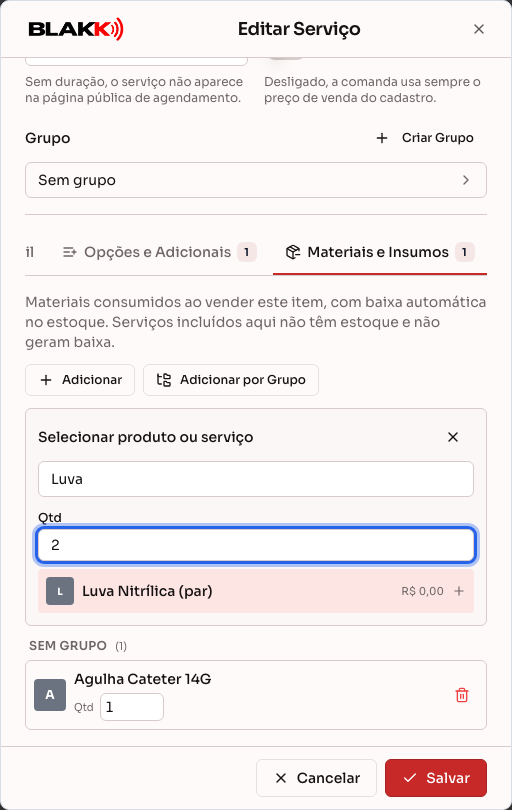 Aba Materiais e Insumos, com a agulha já vinculada e o seletor aberto com a quantidade de luvas