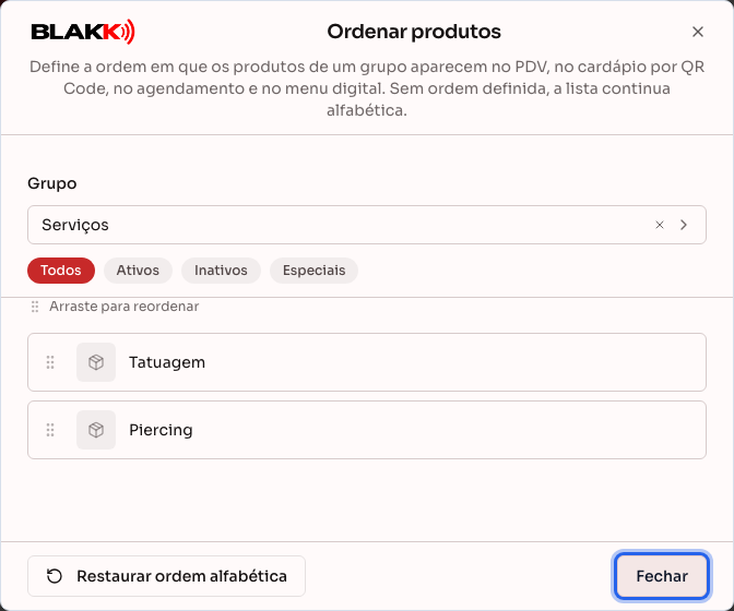 Diálogo de ordenar os serviços dentro de um grupo