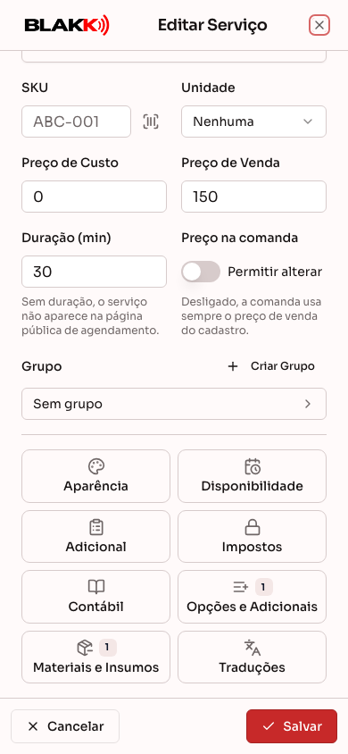 Cadastro do serviço no celular, com as abas em forma de botões