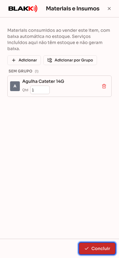 Aba Materiais e Insumos aberta em tela cheia no celular, com o botão Concluir