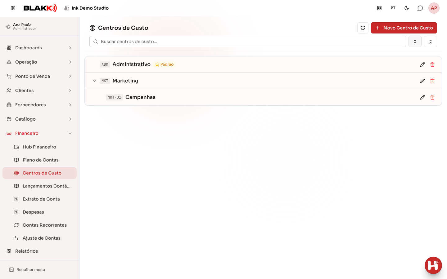 Lista de centros de custo, com hierarquia e o selo de Padrão