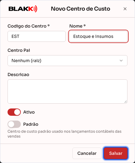 Formulário de novo centro de custo preenchido, pronto para salvar