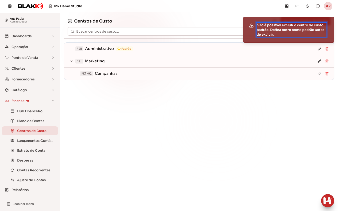 Aviso de que o centro de custo padrão não pode ser excluído