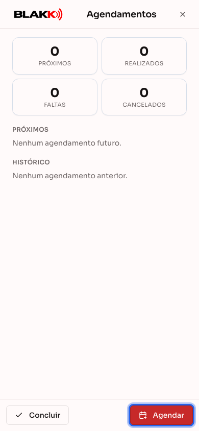 Resumo do Cliente no celular, com a aba Agendamentos aberta e os botões Concluir e Agendar