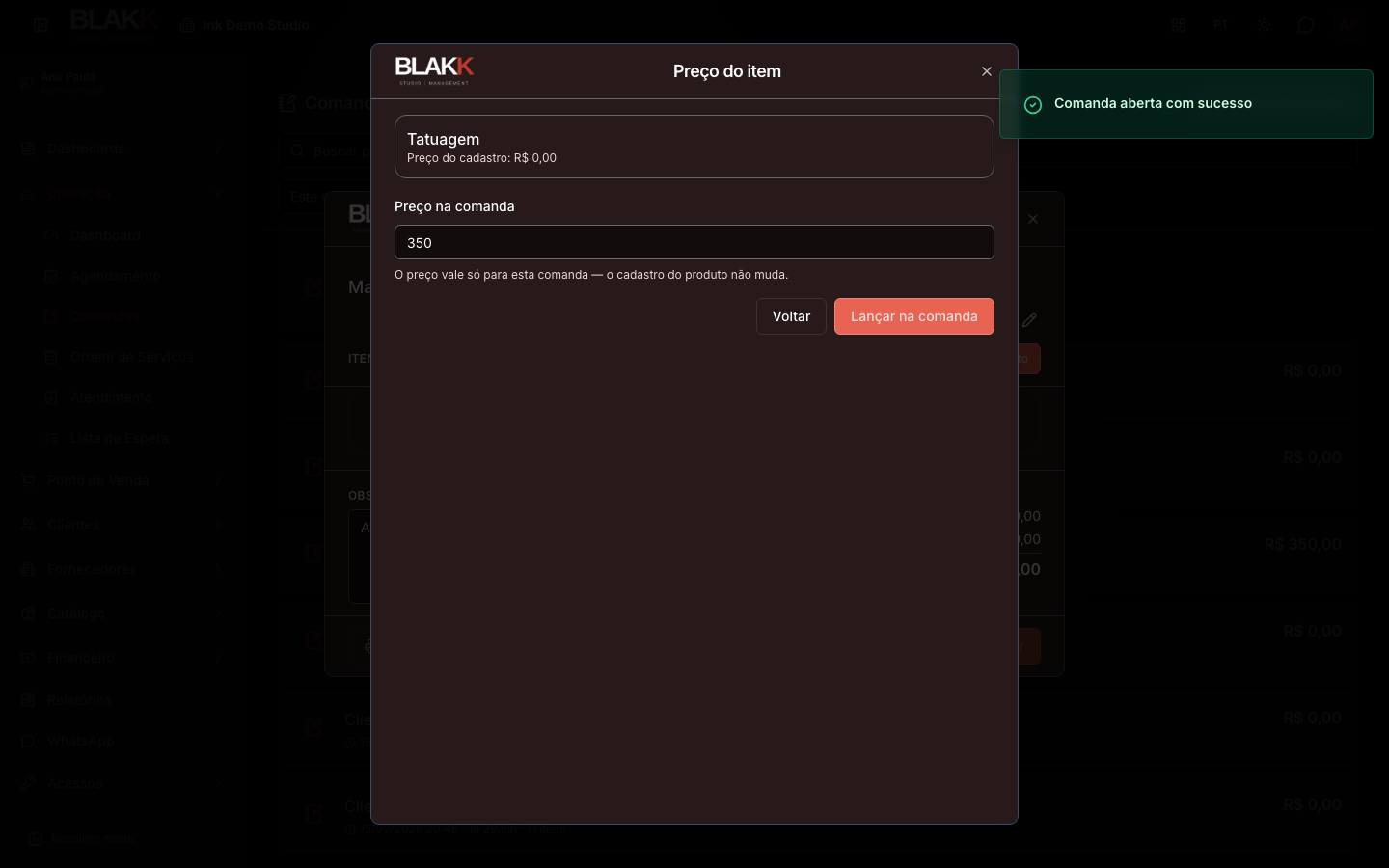Tela de preço do item, com o valor combinado com o cliente antes de lançar na comanda