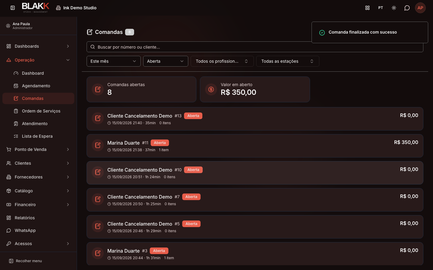Diálogo de pagamento com o valor total quitado e o botão Fechar comanda habilitado
