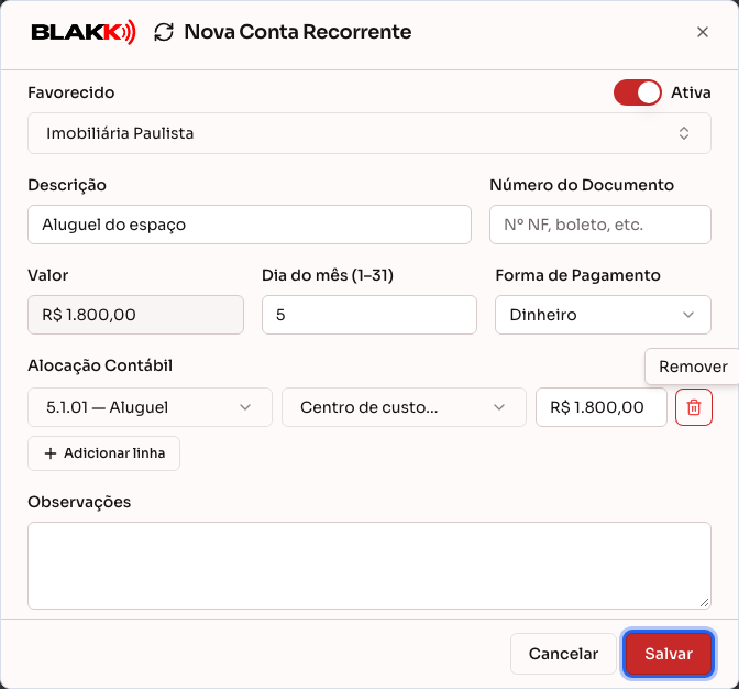 Nova conta recorrente preenchida, com a alocação contábil definindo o valor