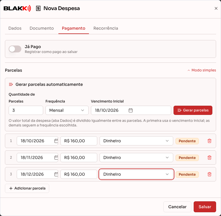 Parcelas geradas automaticamente, uma por mês