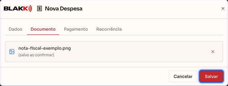 Documento selecionado, pronto para salvar junto com a despesa