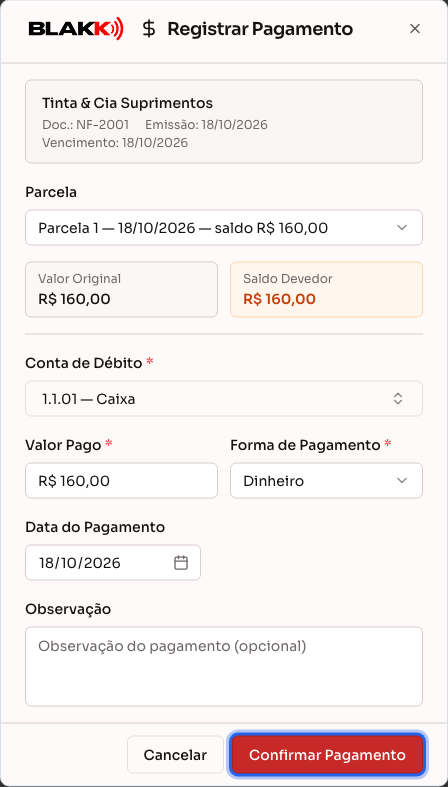 Diálogo de pagamento de uma parcela, com a conta de débito escolhida