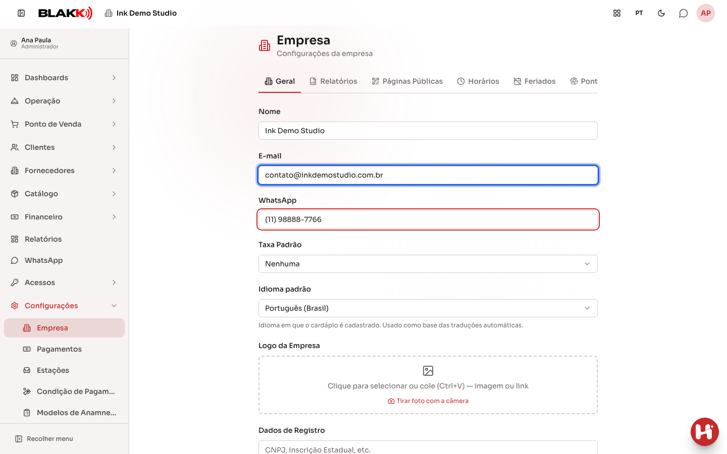 Campos de identificação da empresa preenchidos