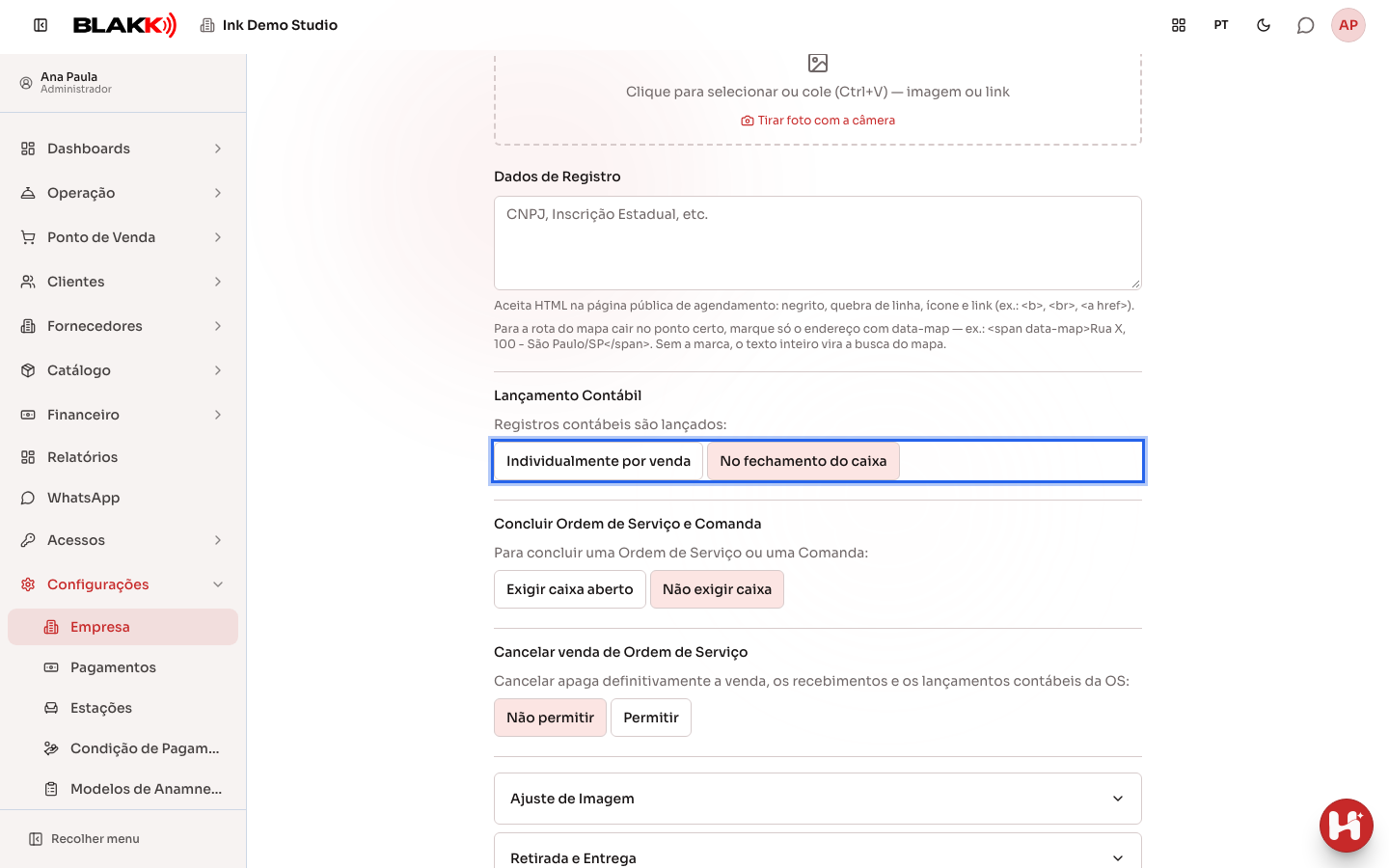 Opção de lançamento contábil no fechamento do caixa selecionada
