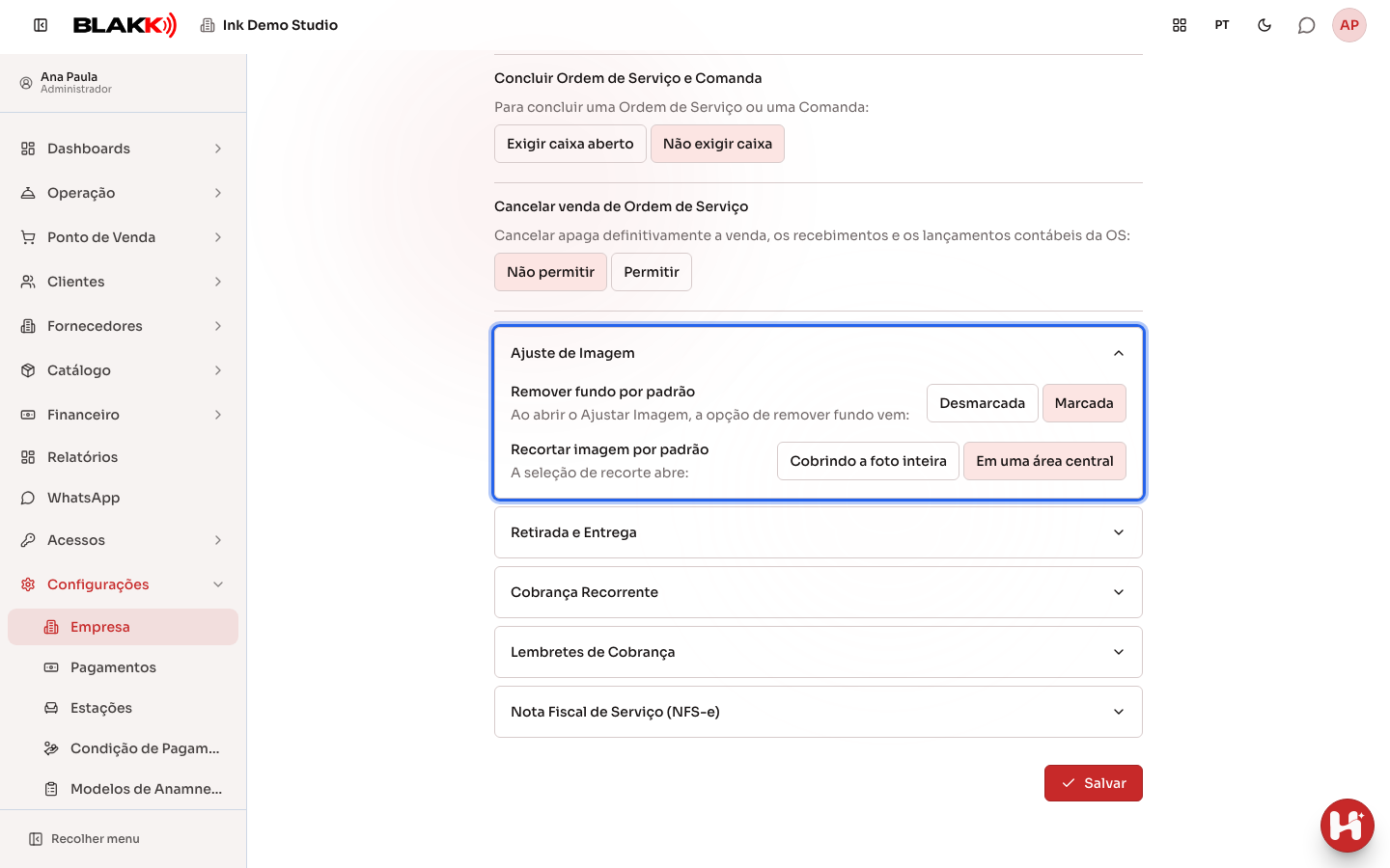 Acordeão Ajuste de Imagem aberto, com as duas opções configuradas