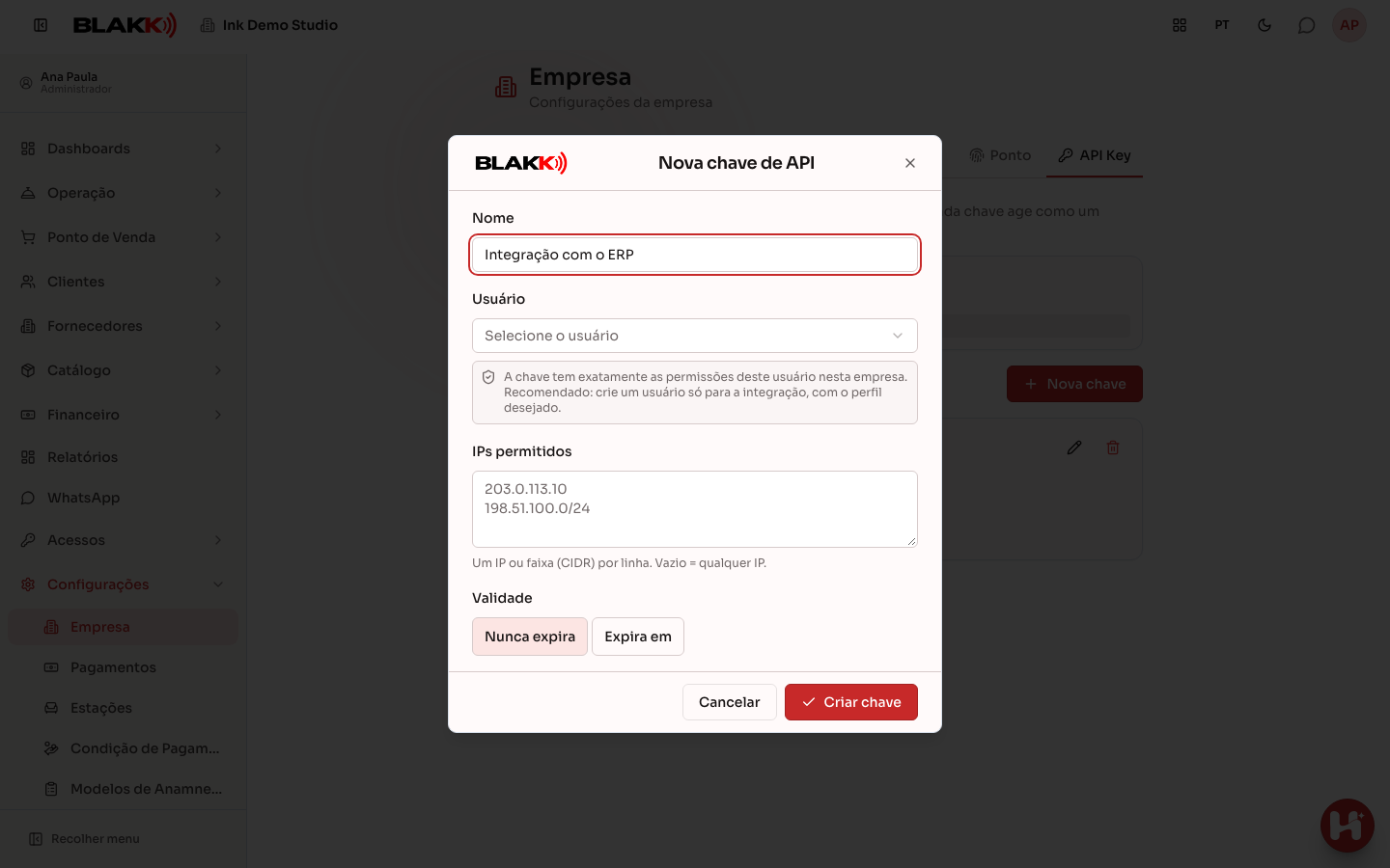 Aba API Key com o formulário de nova chave aberto