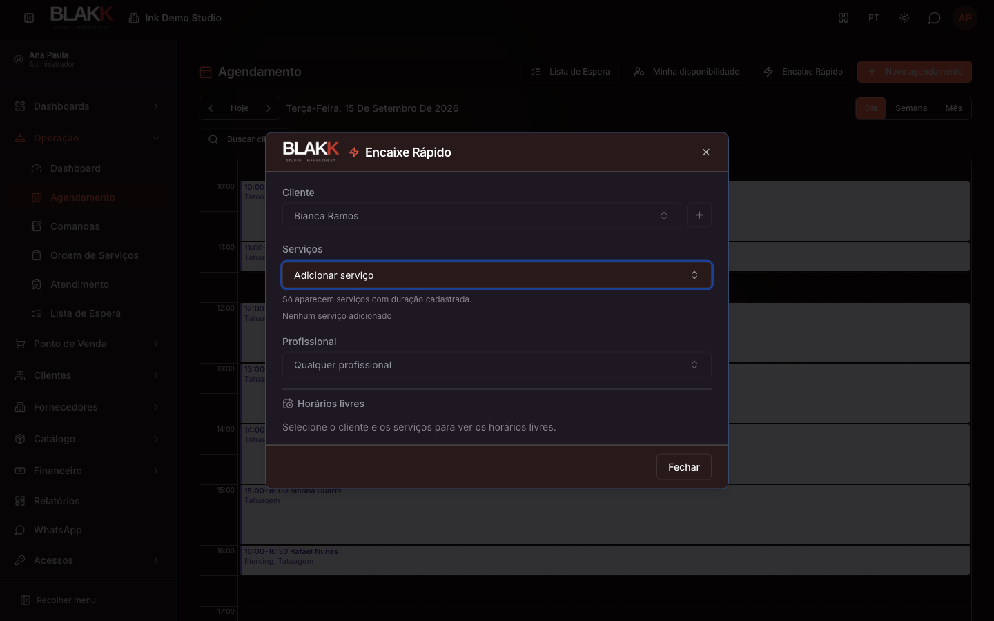 Cliente selecionado no Encaixe Rápido