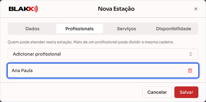 Aba Profissionais com um profissional vinculado à estação