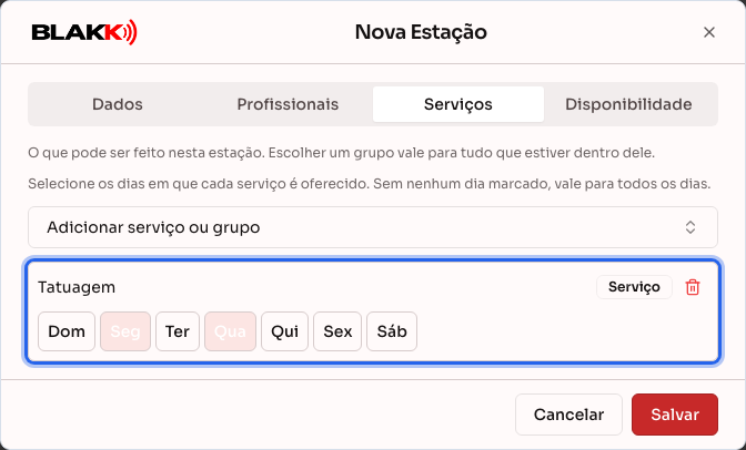 Aba Serviços com um grupo de serviços vinculado, disponível às segundas e quartas