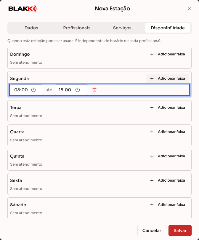 Aba Disponibilidade com uma faixa de horário adicionada na segunda-feira