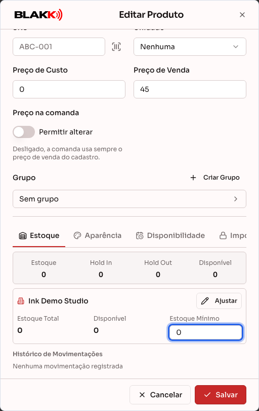 Aba Estoque do produto, com o campo Estoque Mínimo em destaque