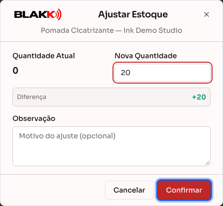 Janela Ajustar Estoque, com a nova quantidade e a diferença calculada