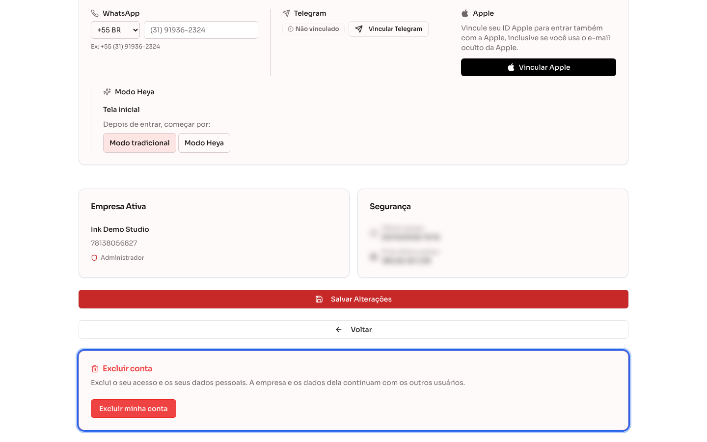 Perfil com o cartão Excluir conta no fim da página