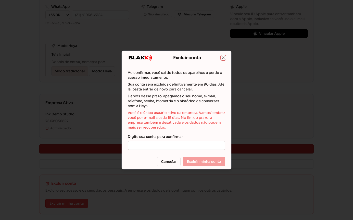 Diálogo Excluir conta com o aviso do prazo e o campo da senha