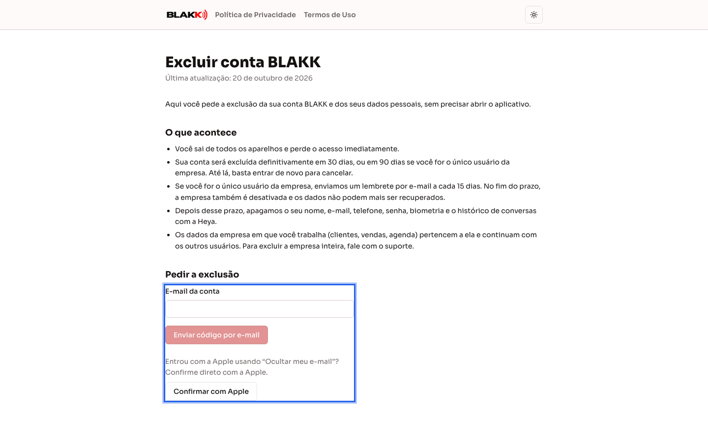 Página pública Excluir conta com o campo do e-mail
