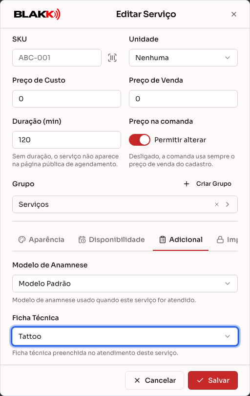 Cadastro de serviço na aba Adicional, com o campo Ficha Técnica logo abaixo do modelo de anamnese