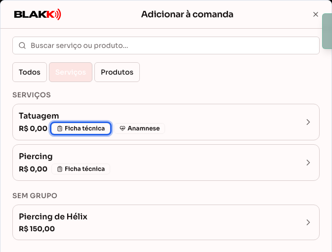 Seletor de itens da comanda, com o selo Ficha técnica ao lado do serviço